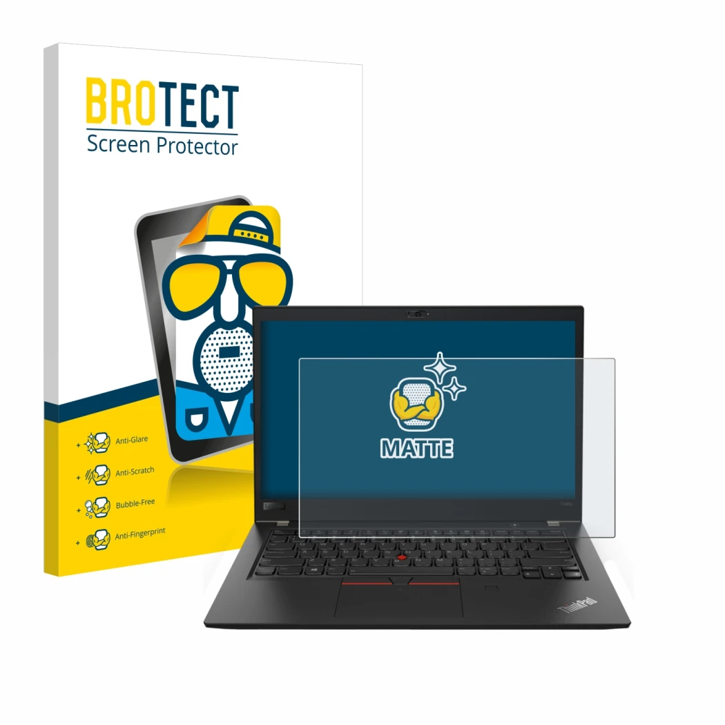 Face avant d’un emballage produit avec le logo de la marque BROTECT. À côté, l’appareil Lenovo ThinkPad T480s est représenté a