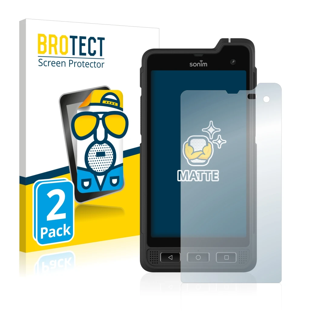 Face avant d’un emballage produit avec le logo de la marque BROTECT. À côté, l’appareil Sonim XP8 est représenté avec la prote