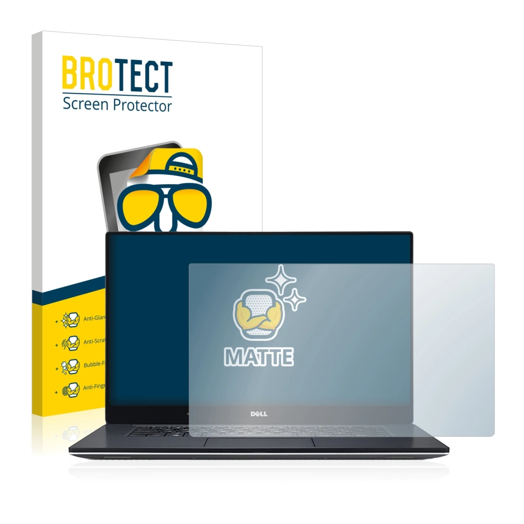 Face avant d’un emballage produit avec le logo de la marque BROTECT. À côté, l’appareil Dell XPS 15 9560 est représenté avec l