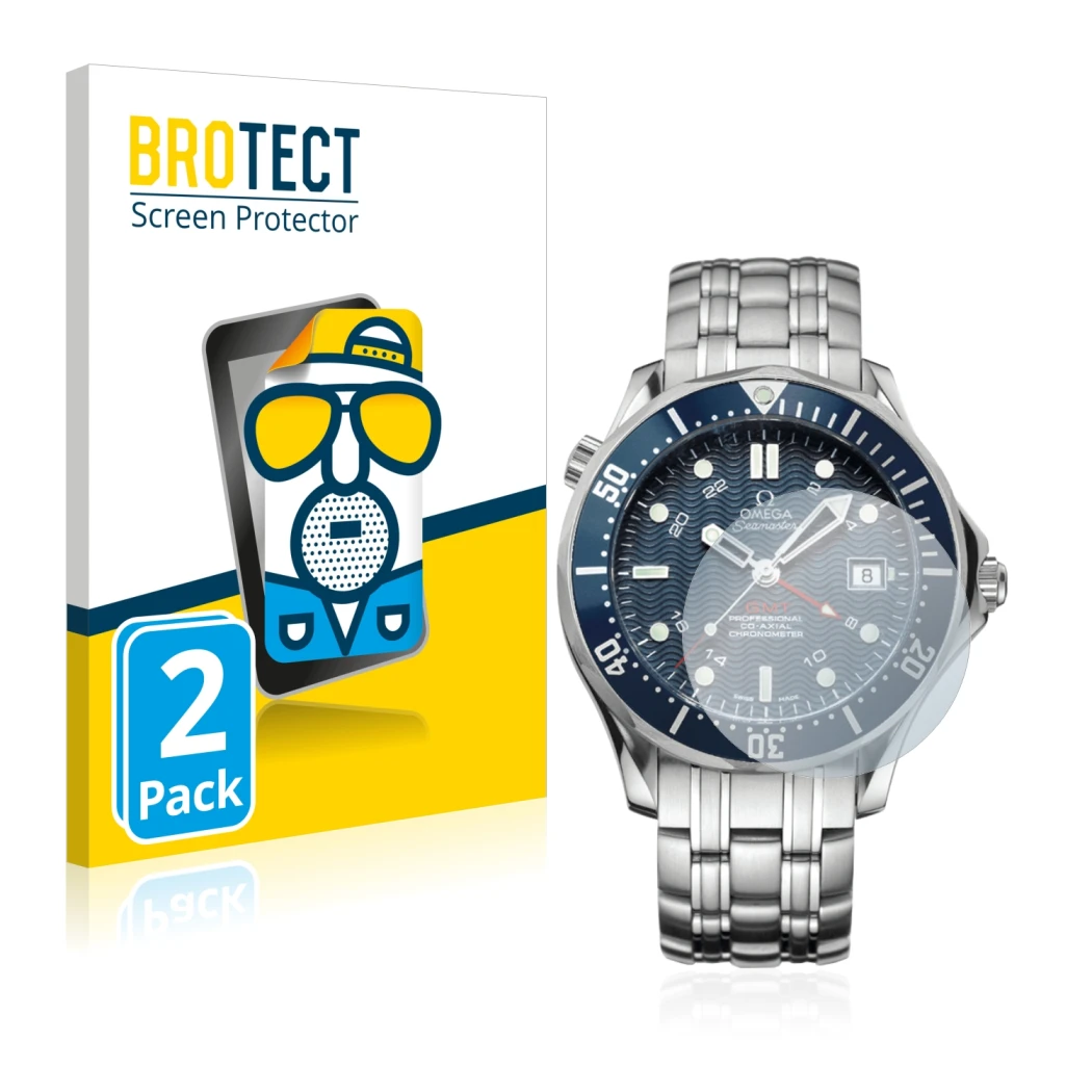 Face avant d’un emballage produit avec le logo de la marque BROTECT. À côté, l’appareil Omega Seamaster Diver (41 mm) est repr