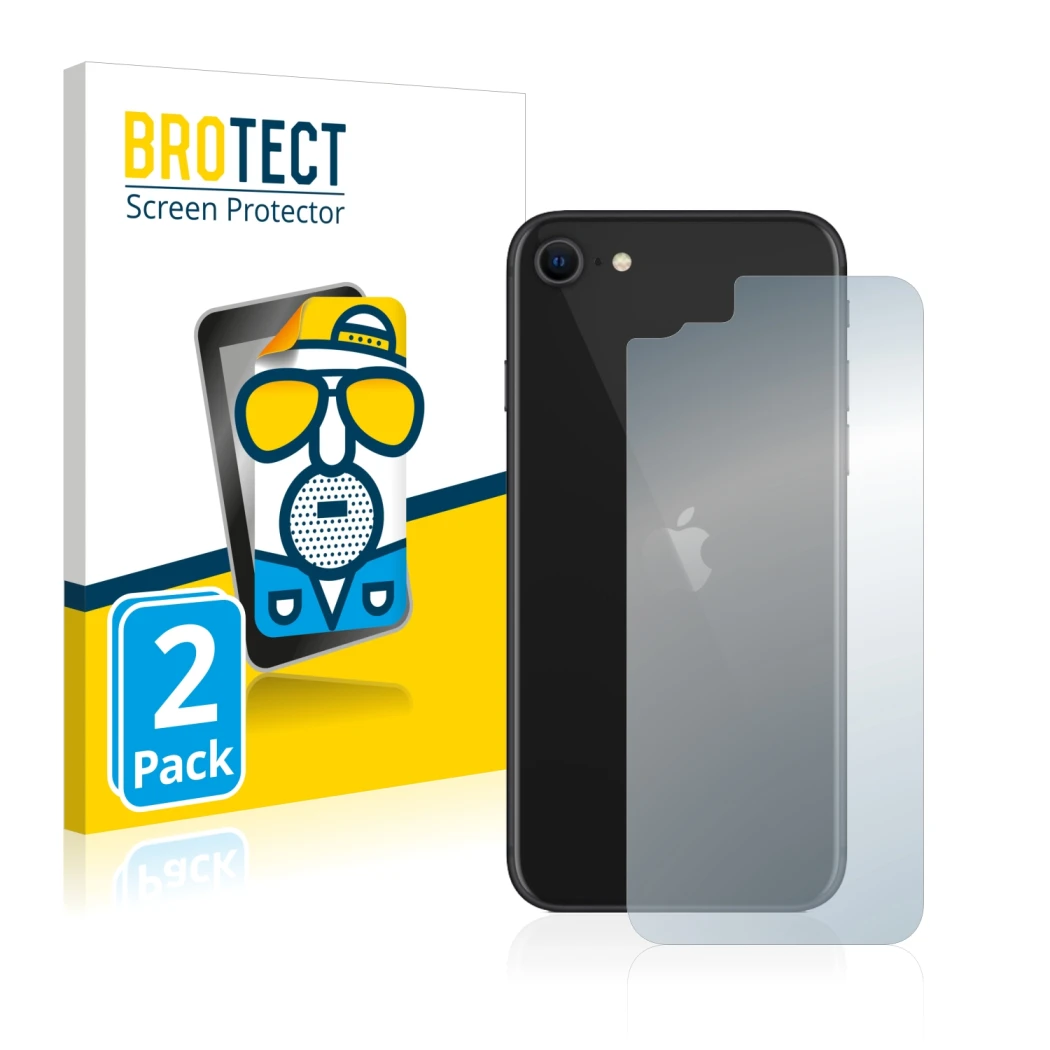 Face avant d’un emballage produit avec le logo de la marque BROTECT. À côté, l’appareil Apple iPhone SE 2 2020 (Le dos) est re