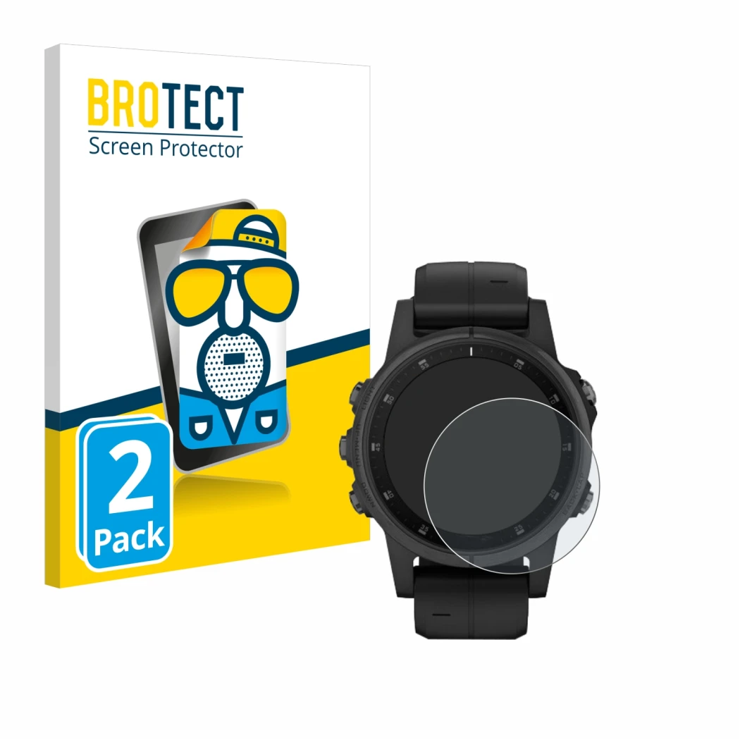 Face avant d’un emballage produit avec le logo de la marque BROTECT. À côté, l’appareil Garmin Fenix 5S Plus (42 mm) est repré