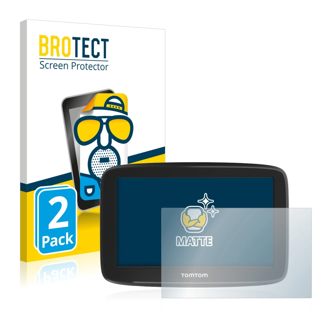 Face avant d’un emballage produit avec le logo de la marque BROTECT. À côté, l’appareil TomTom GO Basic (6