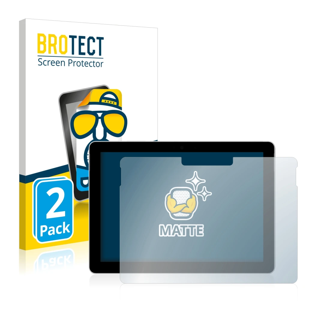 Face avant d’un emballage produit avec le logo de la marque BROTECT. À côté, l’appareil Microsoft Surface Go (1ère Gen.) est r