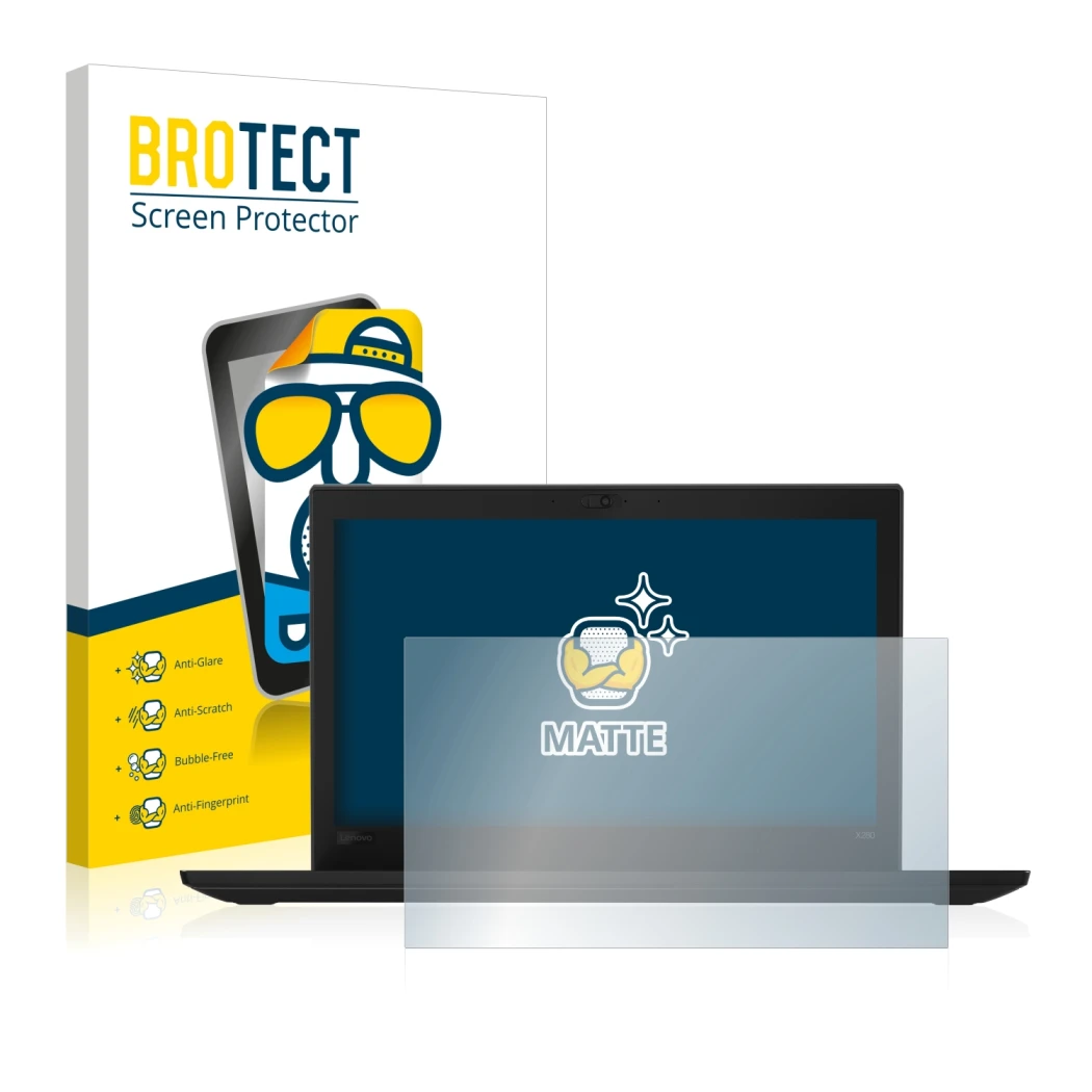 Face avant d’un emballage produit avec le logo de la marque BROTECT. À côté, l’appareil Lenovo Thinkpad X280 est représenté av