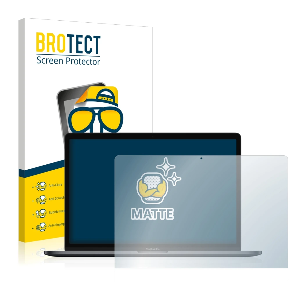 Face avant d’un emballage produit avec le logo de la marque BROTECT. À côté, l’appareil Apple MacBook Pro 15