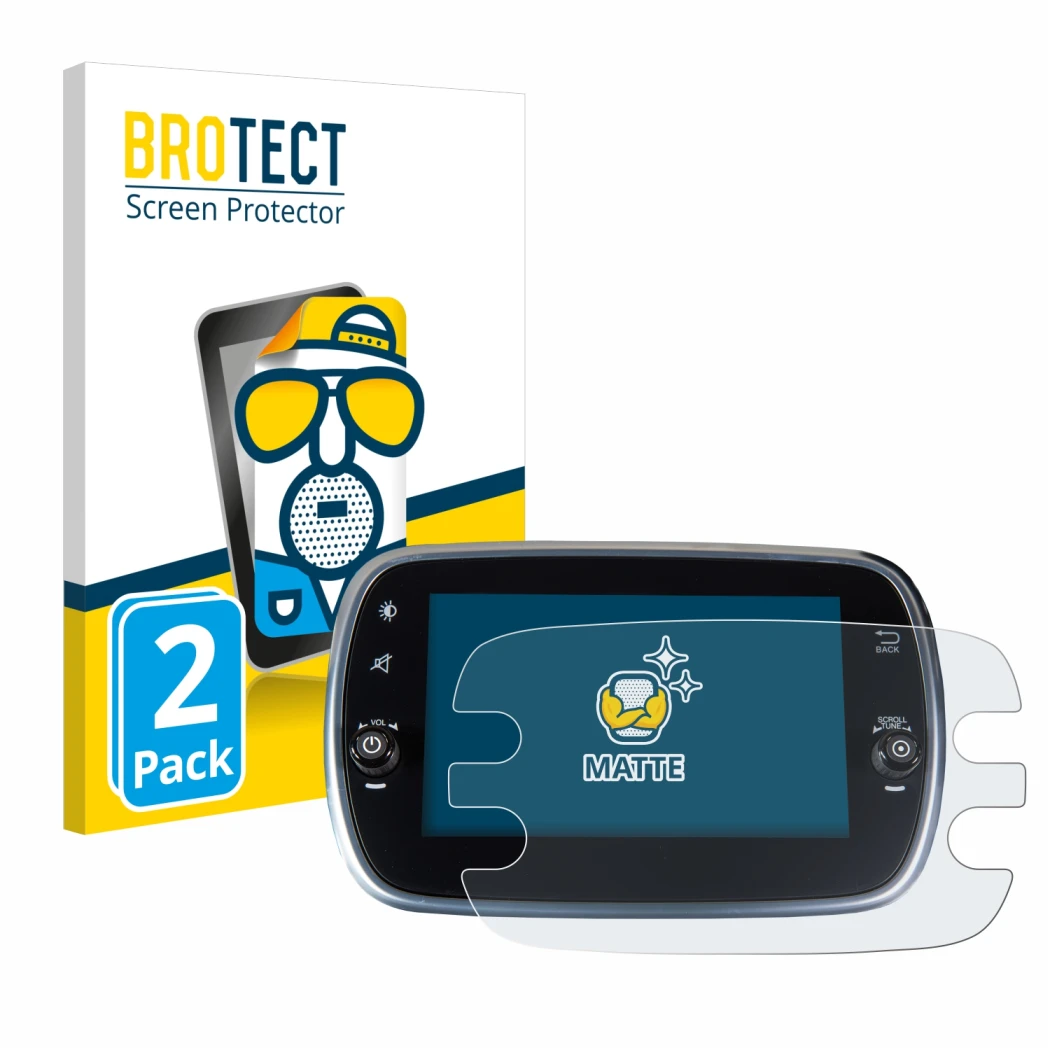 Face avant d’un emballage produit avec le logo de la marque BROTECT. À côté, l’appareil Fiat 500X 2016-2019 Uconnet 7