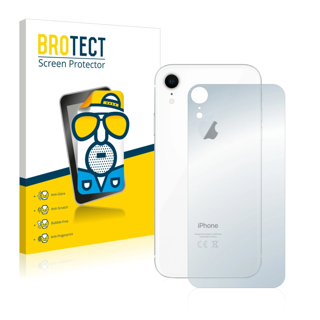 Face avant d’un emballage produit avec le logo de la marque BROTECT. À côté, l’appareil Apple iPhone XR (Le dos) est représent