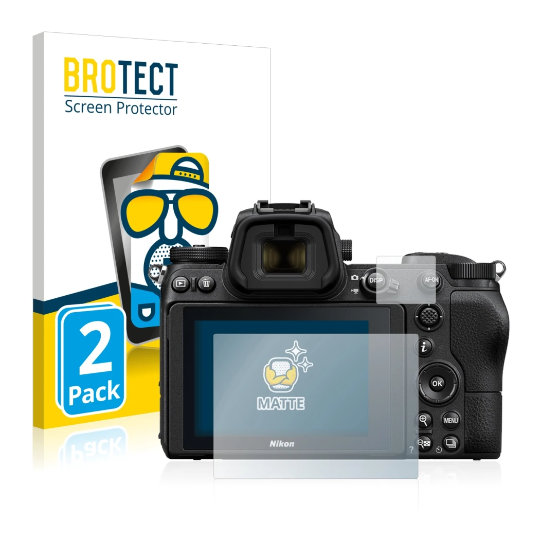 Face avant d’un emballage produit avec le logo de la marque BROTECT. À côté, l’appareil Nikon Z 6 est représenté avec la prote