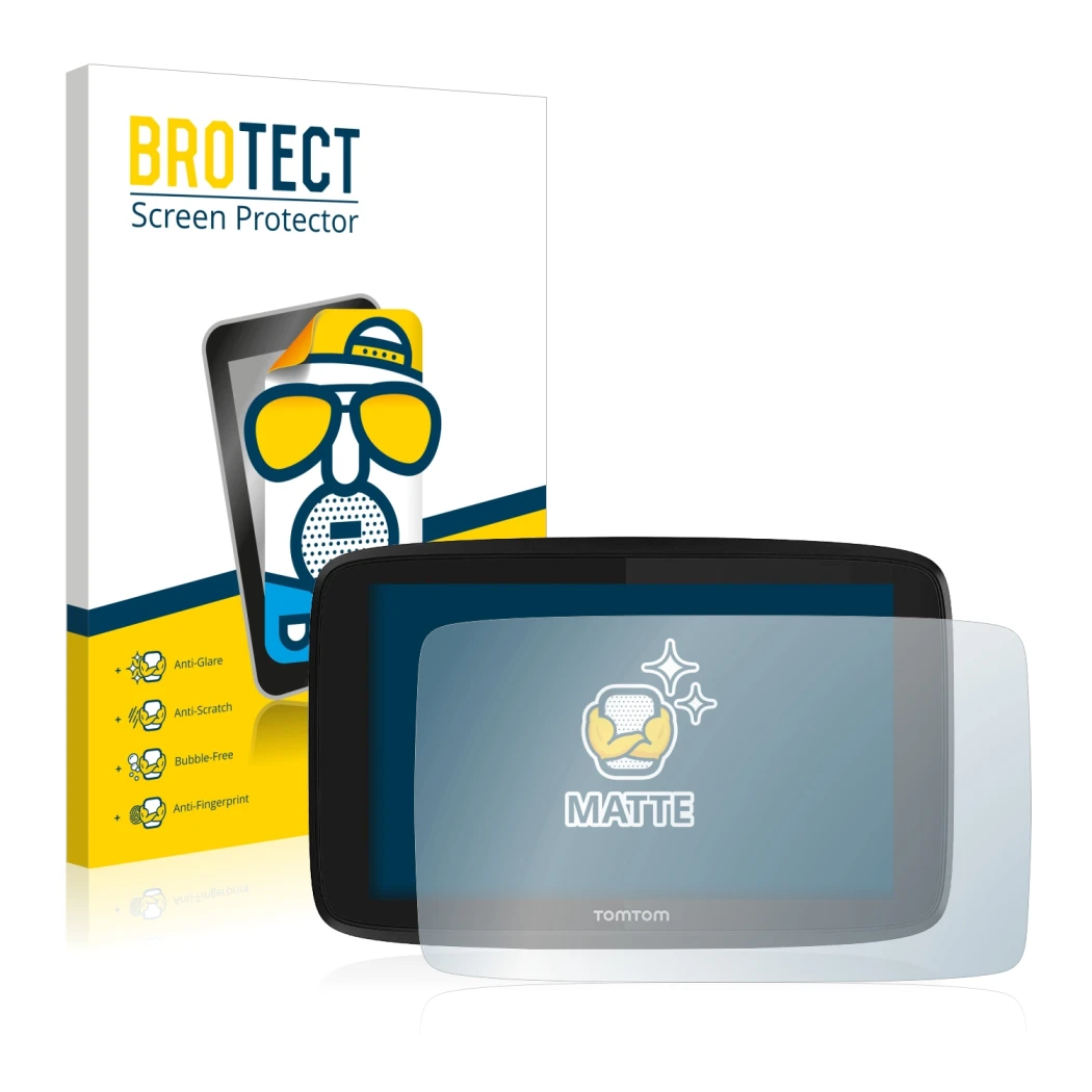 Face avant d’un emballage produit avec le logo de la marque BROTECT. À côté, l’appareil TomTom GO Essential 6