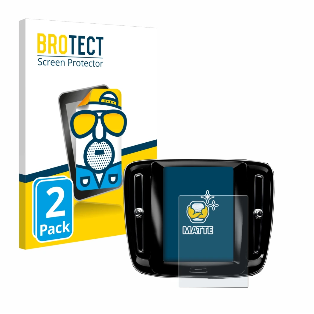 Face avant d’un emballage produit avec le logo de la marque BROTECT. À côté, l’appareil Volvo XC40 Sensus Connect 8.7