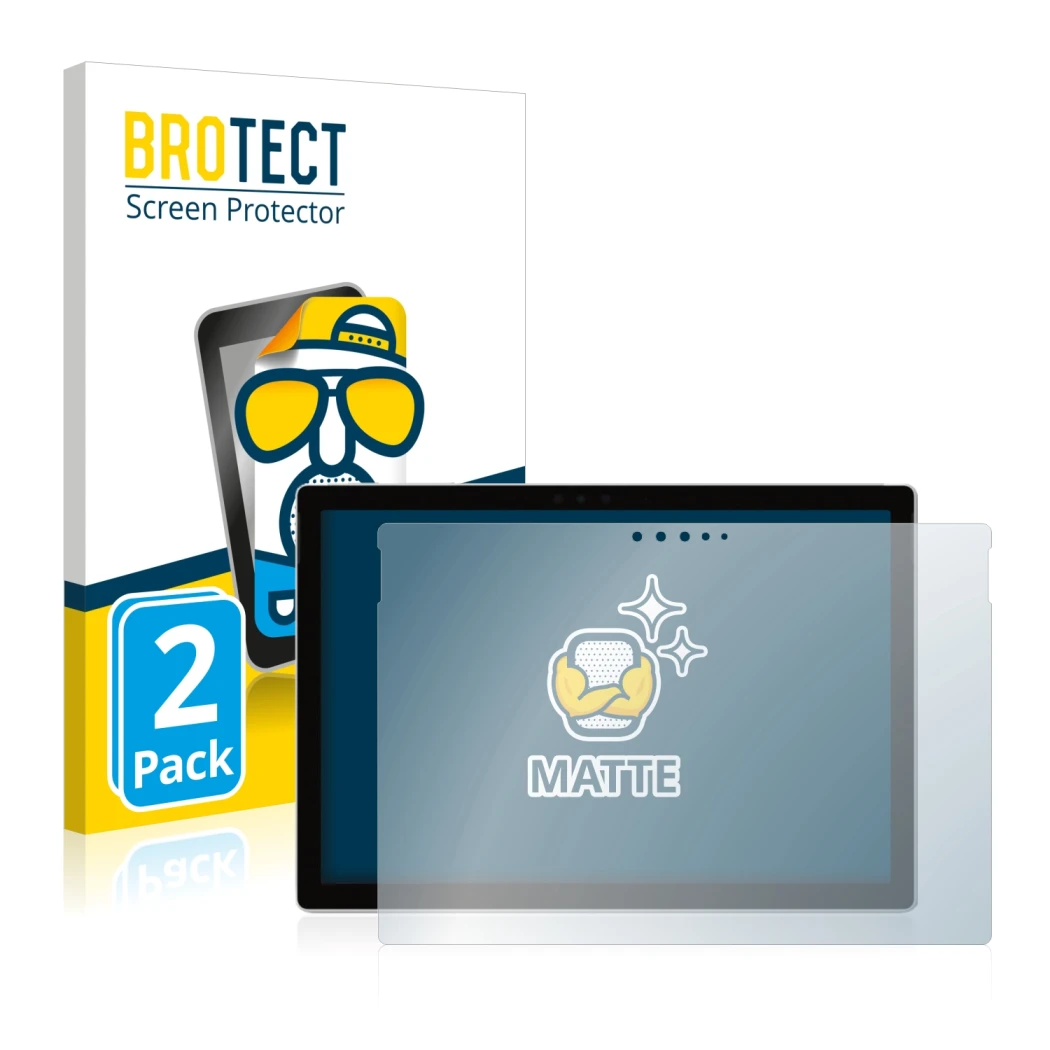 Face avant d’un emballage produit avec le logo de la marque BROTECT. À côté, l’appareil Microsoft Surface Pro 6 est représenté