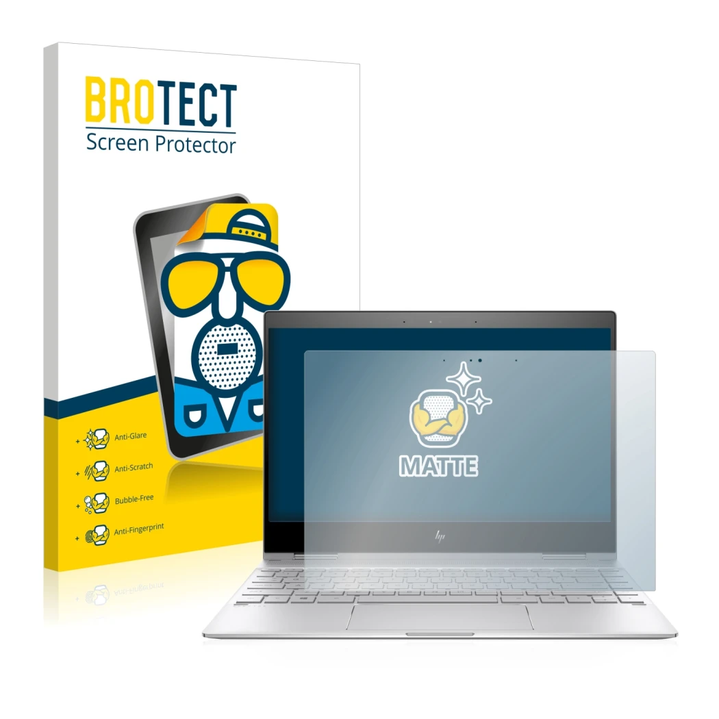 Face avant d’un emballage produit avec le logo de la marque BROTECT. À côté, l’appareil HP Spectre x360 13-ae0xx est représent