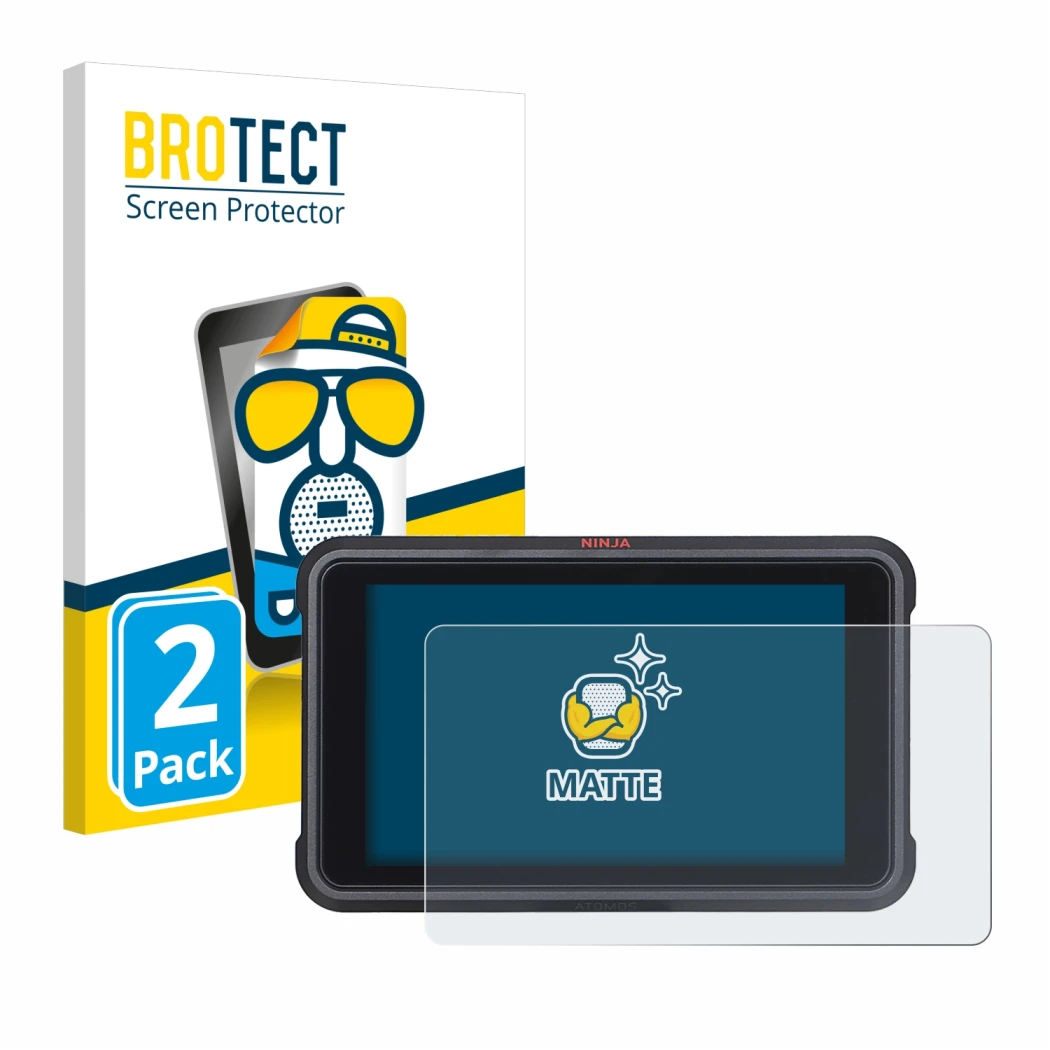 Face avant d’un emballage produit avec le logo de la marque BROTECT. À côté, l’appareil Atomos Ninja V est représenté avec la