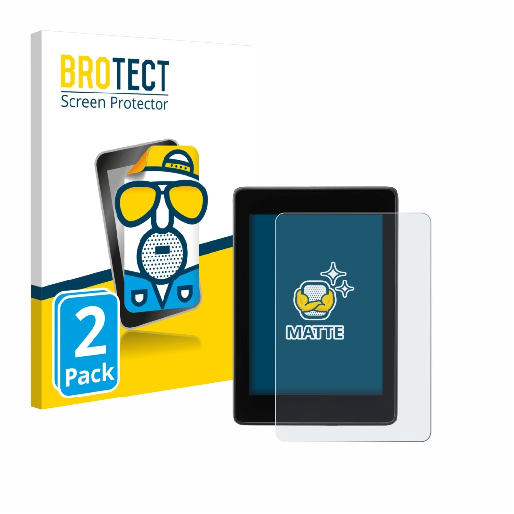 Face avant d’un emballage produit avec le logo de la marque BROTECT. À côté, l’appareil Amazon Kindle Paperwhite 2018 (10ème G