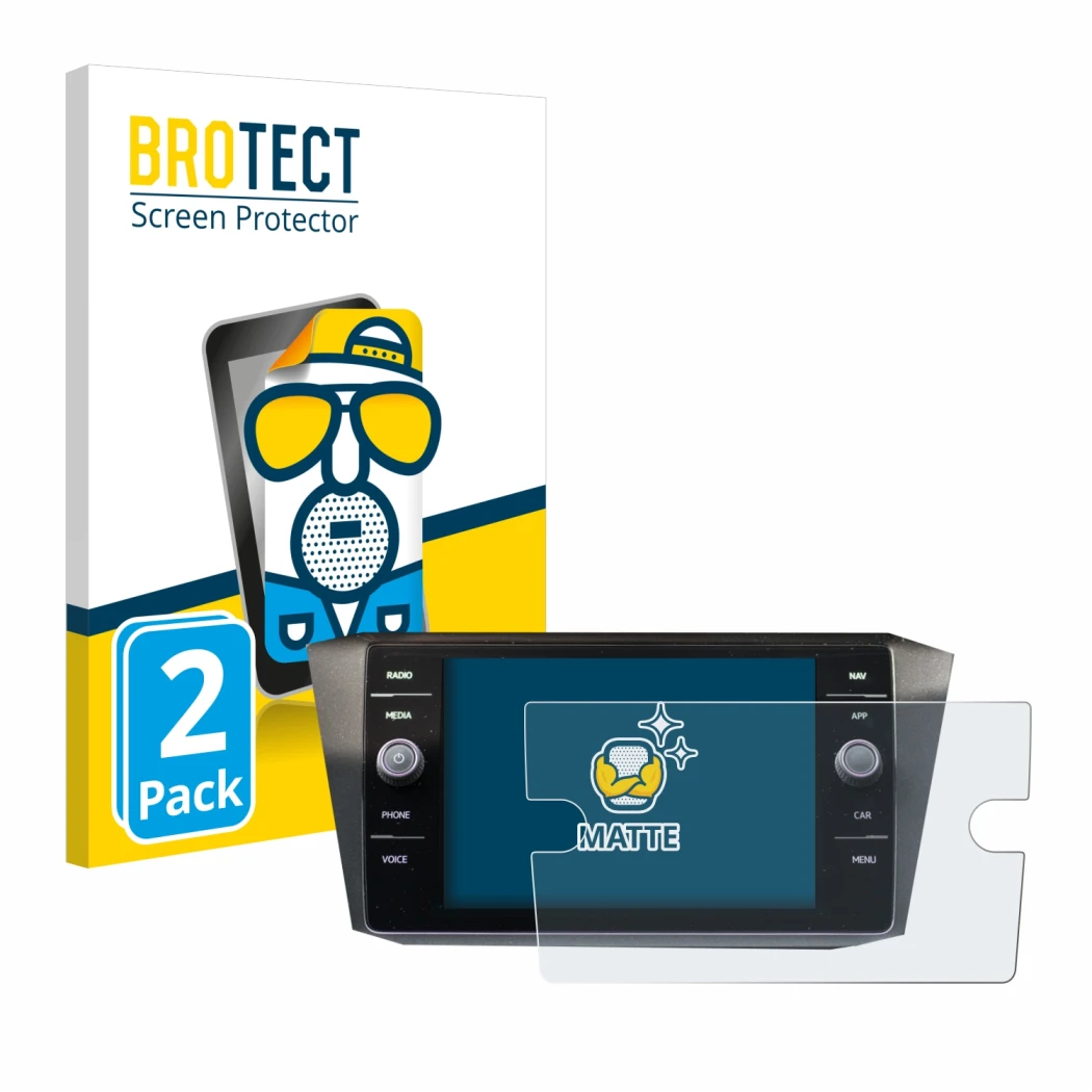 Face avant d’un emballage produit avec le logo de la marque BROTECT. À côté, l’appareil Volkswagen Tiguan Discover Media 8