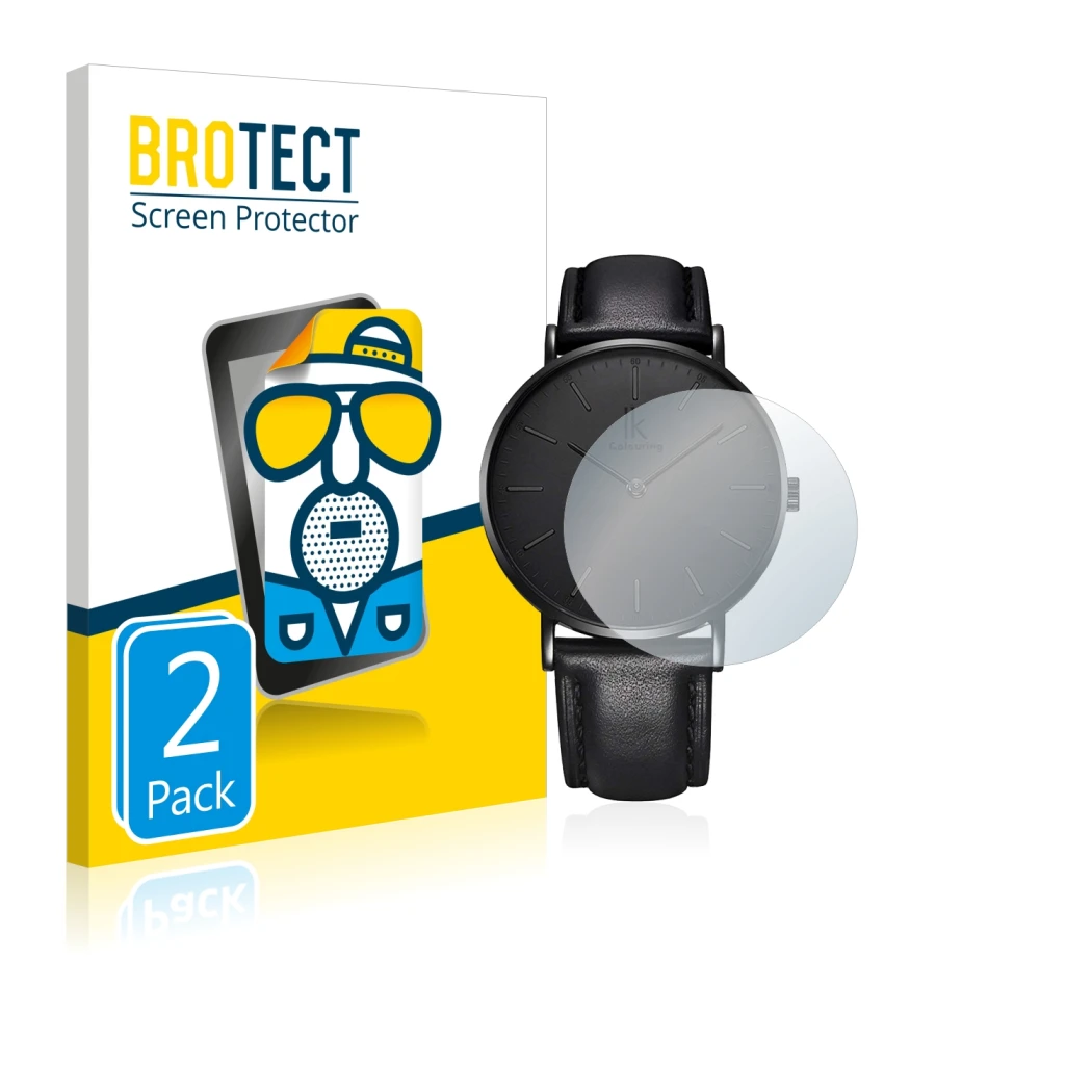Face avant d’un emballage produit avec le logo de la marque BROTECT. À côté, l’appareil Alienwork IK Montre (36 mm) est représ