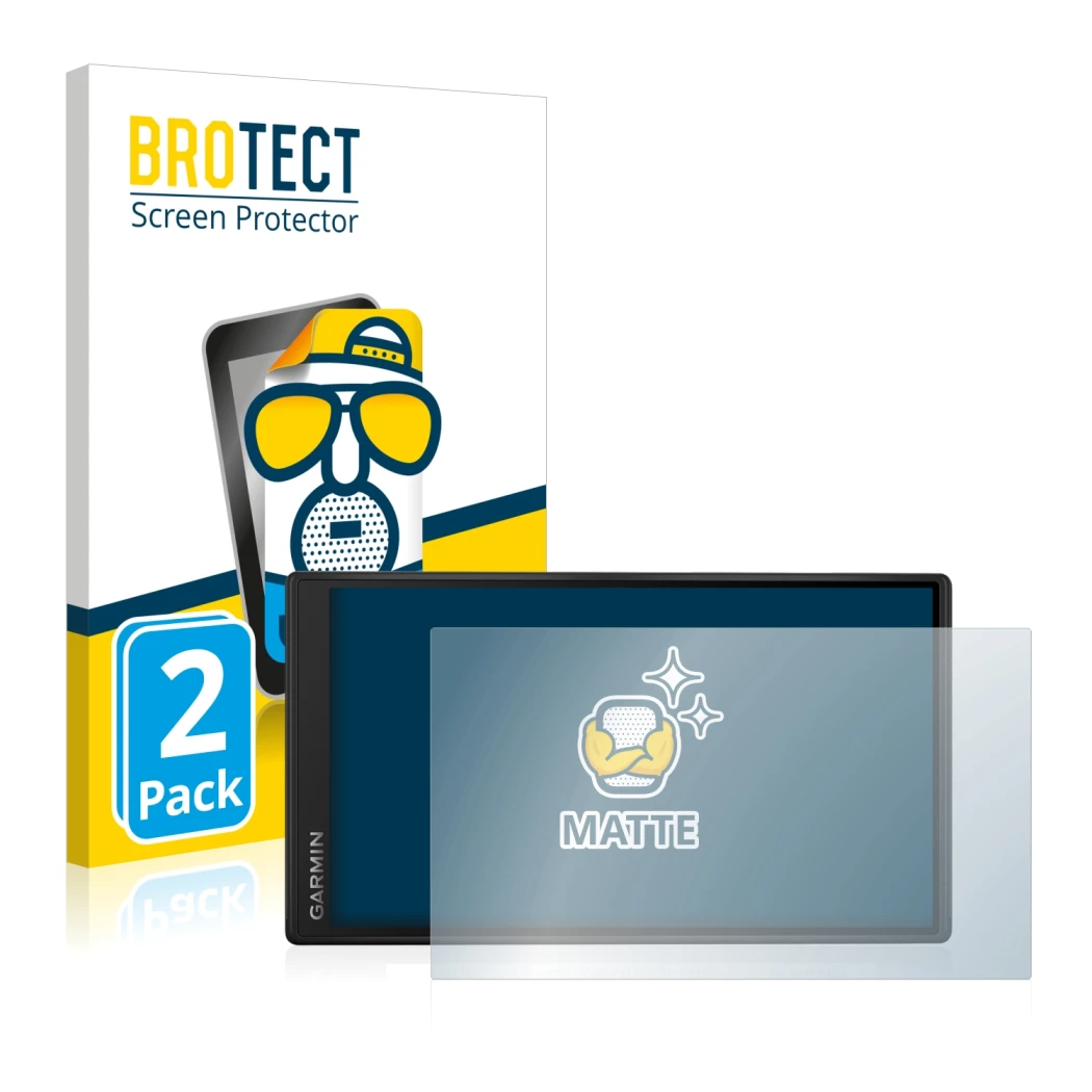 Face avant d’un emballage produit avec le logo de la marque BROTECT. À côté, l’appareil Garmin DriveSmart 55 est représenté av