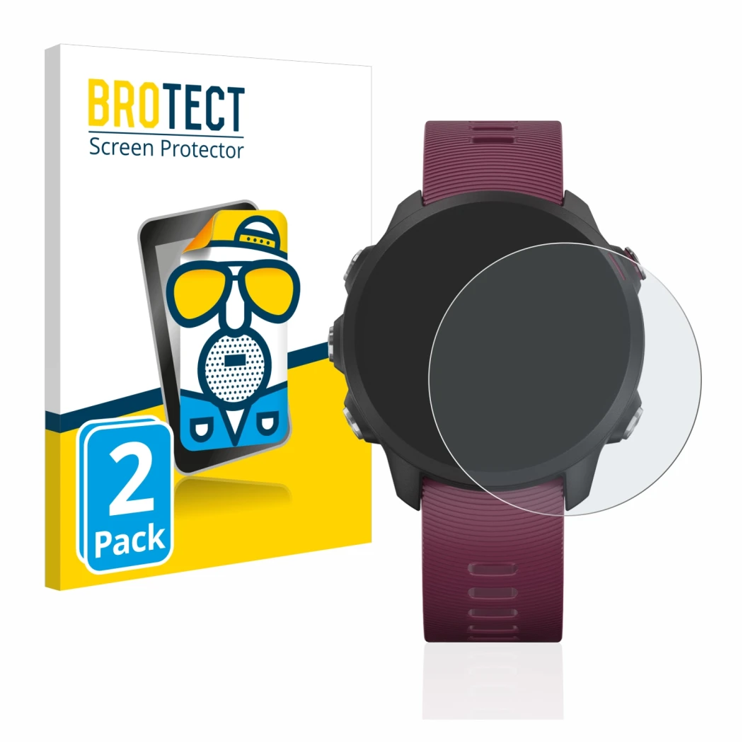 Face avant d’un emballage produit avec le logo de la marque BROTECT. À côté, l’appareil Garmin Forerunner 245 est représenté a