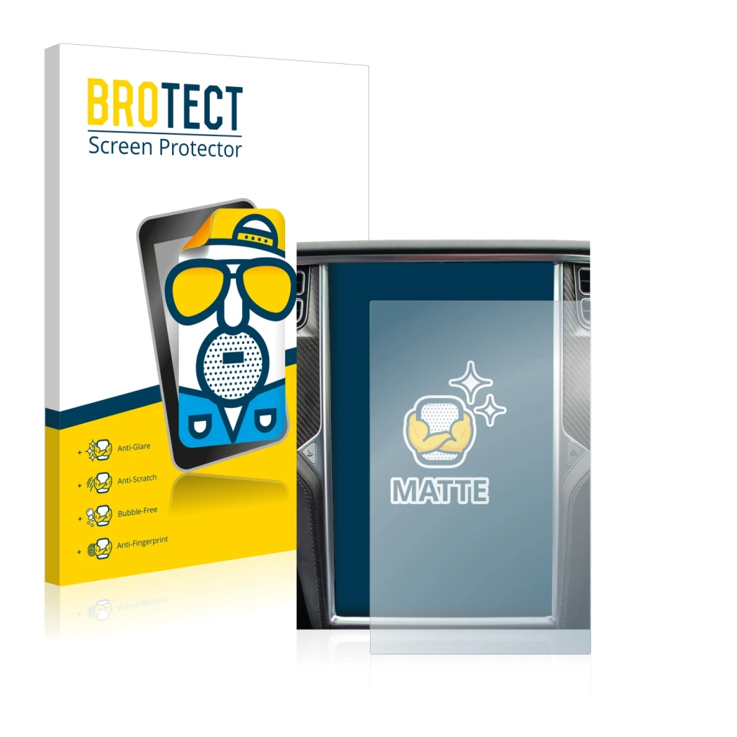 Face avant d’un emballage produit avec le logo de la marque BROTECT. À côté, l’appareil Tesla Model X est représenté avec la p