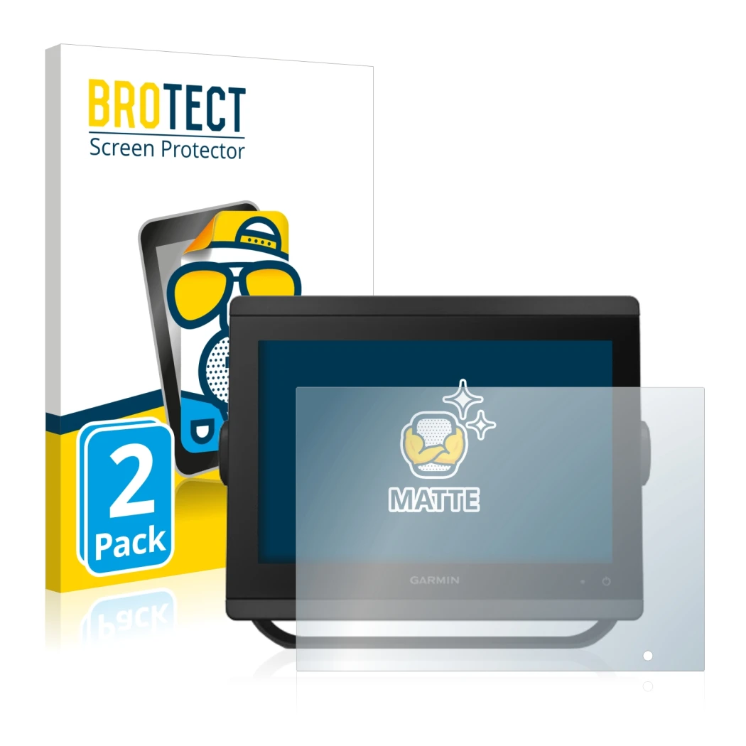 Face avant d’un emballage produit avec le logo de la marque BROTECT. À côté, l’appareil Garmin GPSMAP 8410xsv est représenté a