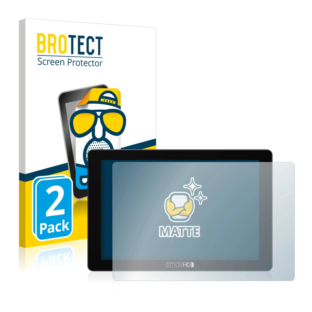 Face avant d’un emballage produit avec le logo de la marque BROTECT. À côté, l’appareil SmallHD 702 Touch est représenté avec