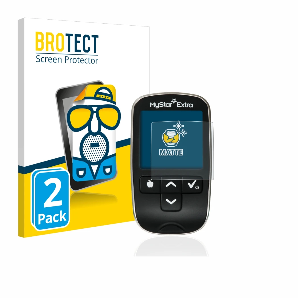 Face avant d’un emballage produit avec le logo de la marque BROTECT. À côté, l’appareil Sanofi MyStar Extra est représenté ave