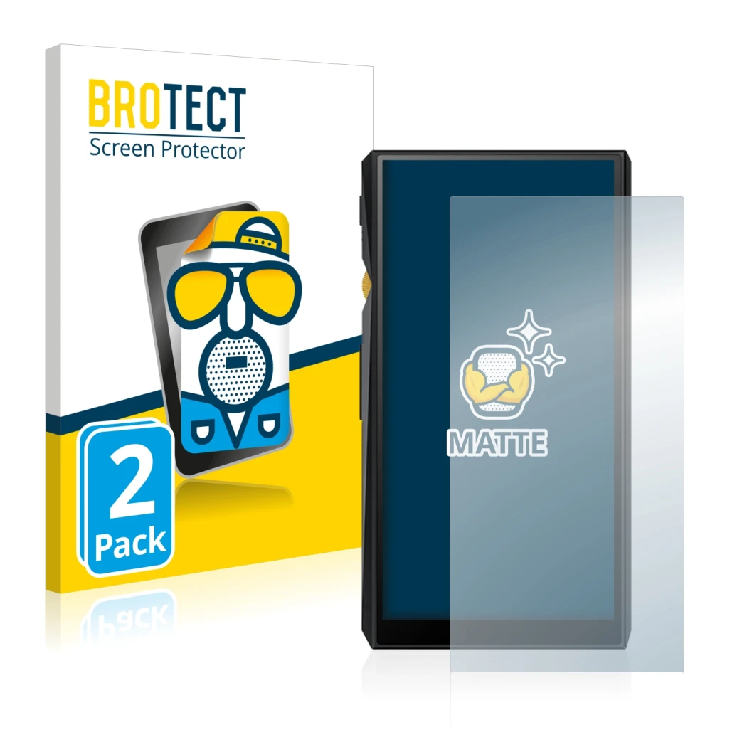 Face avant d’un emballage produit avec le logo de la marque BROTECT. À côté, l’appareil FiiO M11 est représenté avec la protec