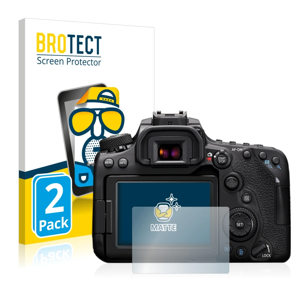 Face avant d’un emballage produit avec le logo de la marque BROTECT. À côté, l’appareil Canon EOS 90D est représenté avec la p