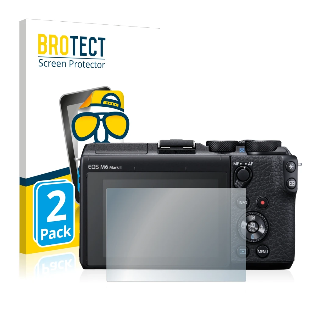 Face avant d’un emballage produit avec le logo de la marque BROTECT. À côté, l’appareil Canon EOS M6 Mark II est représenté av