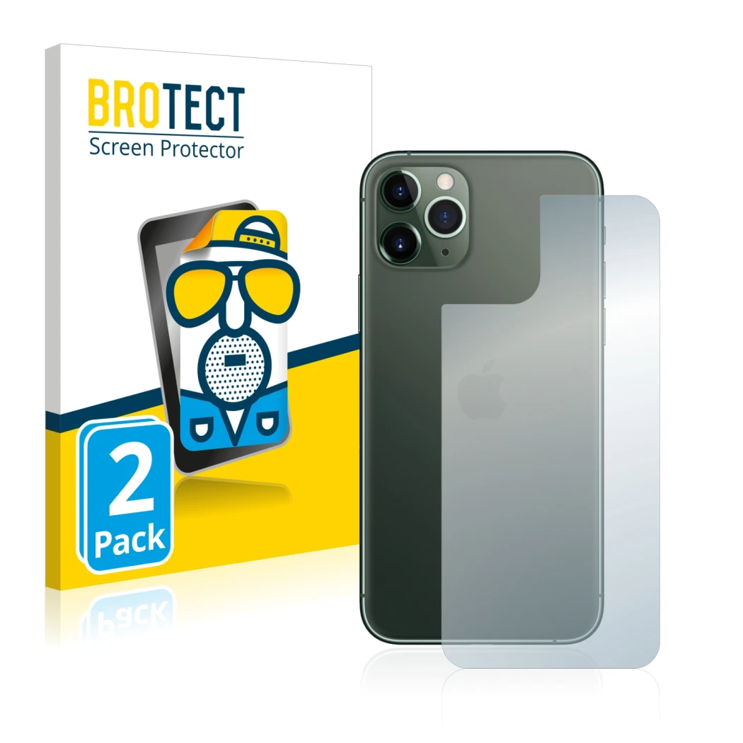 Face avant d’un emballage produit avec le logo de la marque BROTECT. À côté, l’appareil Apple iPhone 11 Pro (Arrière) est repr