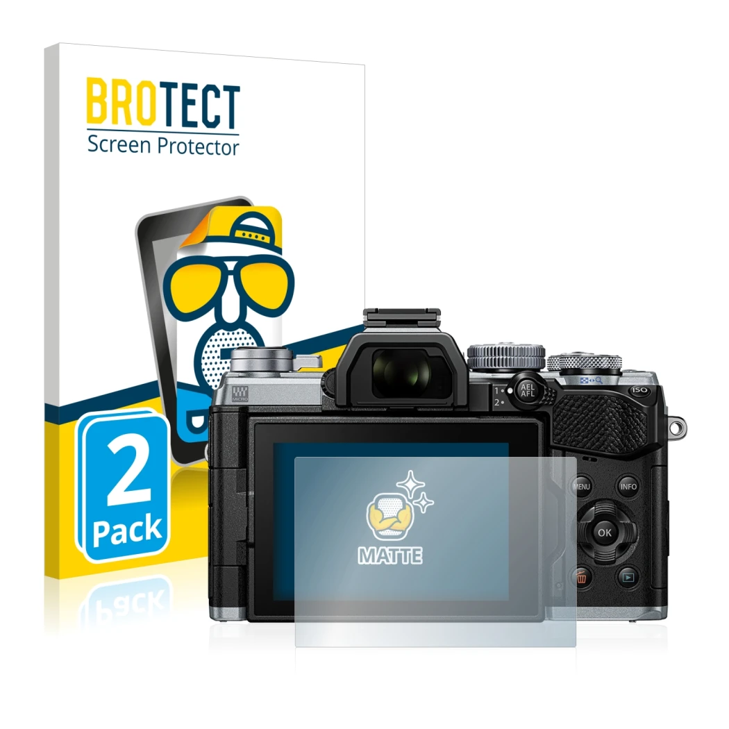 Face avant d’un emballage produit avec le logo de la marque BROTECT. À côté, l’appareil Olympus OM-D E-M5 Mark III est représe