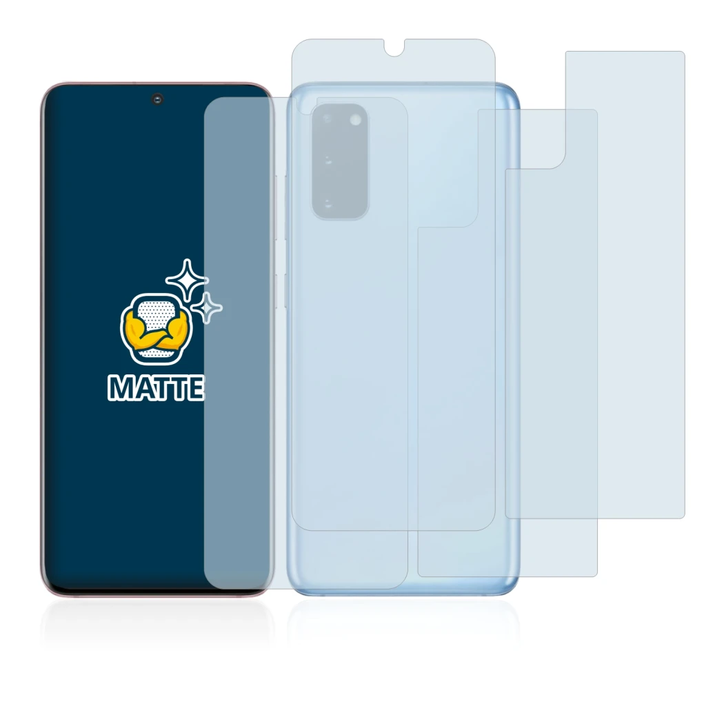Image de l'appareil Samsung Galaxy S20 (Avant+Arrière) avec une grande variété de protections d'écran.