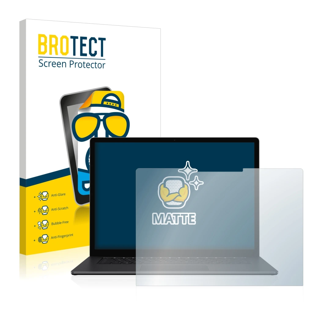 Face avant d’un emballage produit avec le logo de la marque BROTECT. À côté, l’appareil Microsoft Surface Laptop 3 15