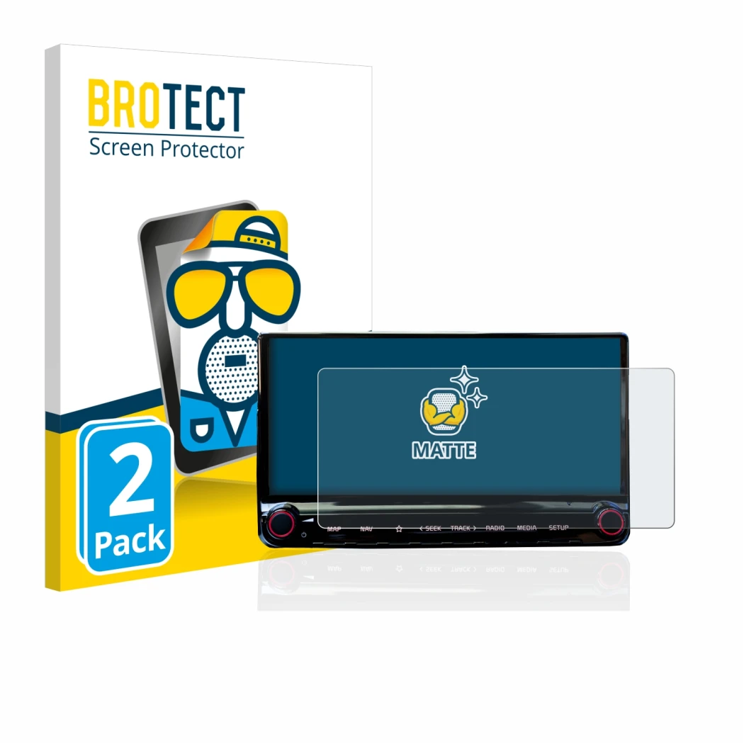 Face avant d’un emballage produit avec le logo de la marque BROTECT. À côté, l’appareil Kia XCeed 2019 Infotainment System 10.