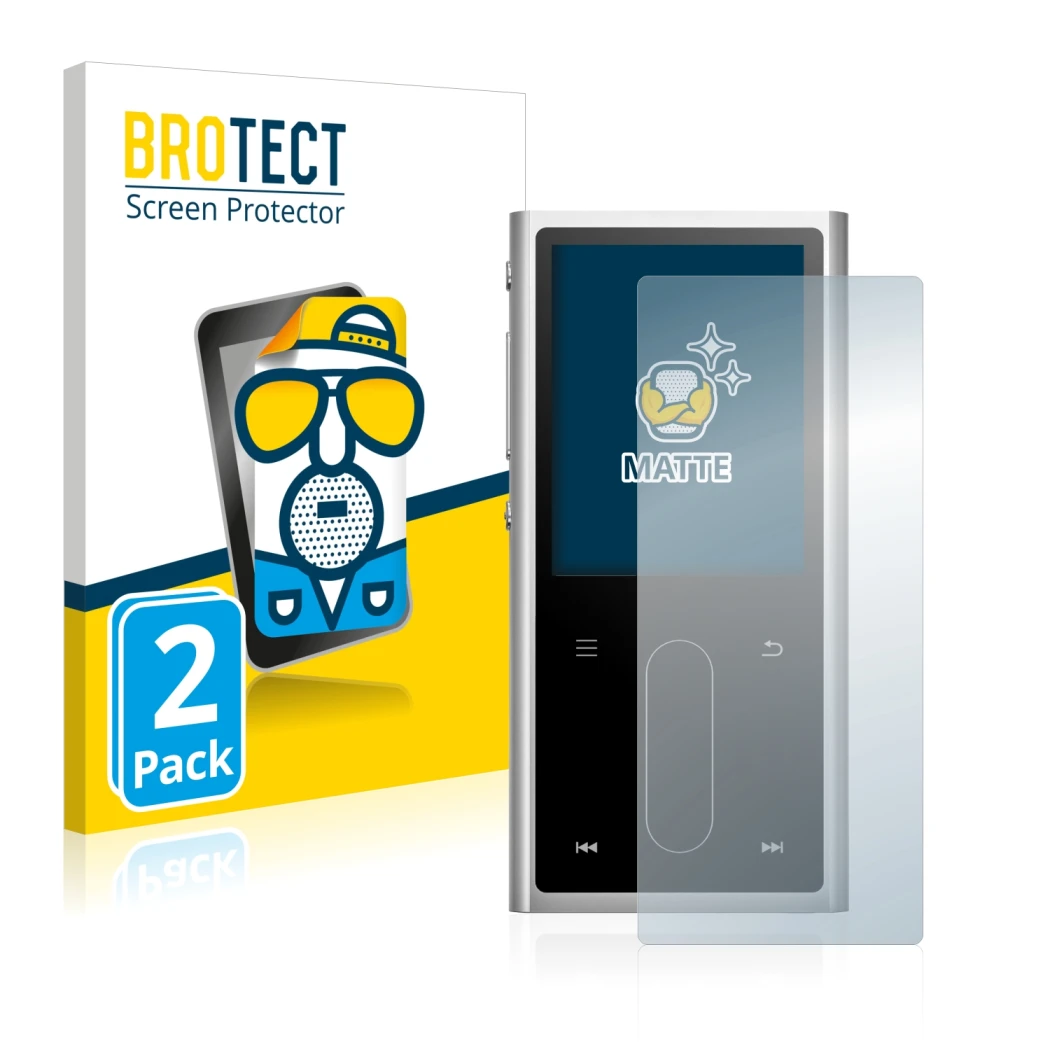 Face avant d’un emballage produit avec le logo de la marque BROTECT. À côté, l’appareil FiiO M3K est représenté avec la protec