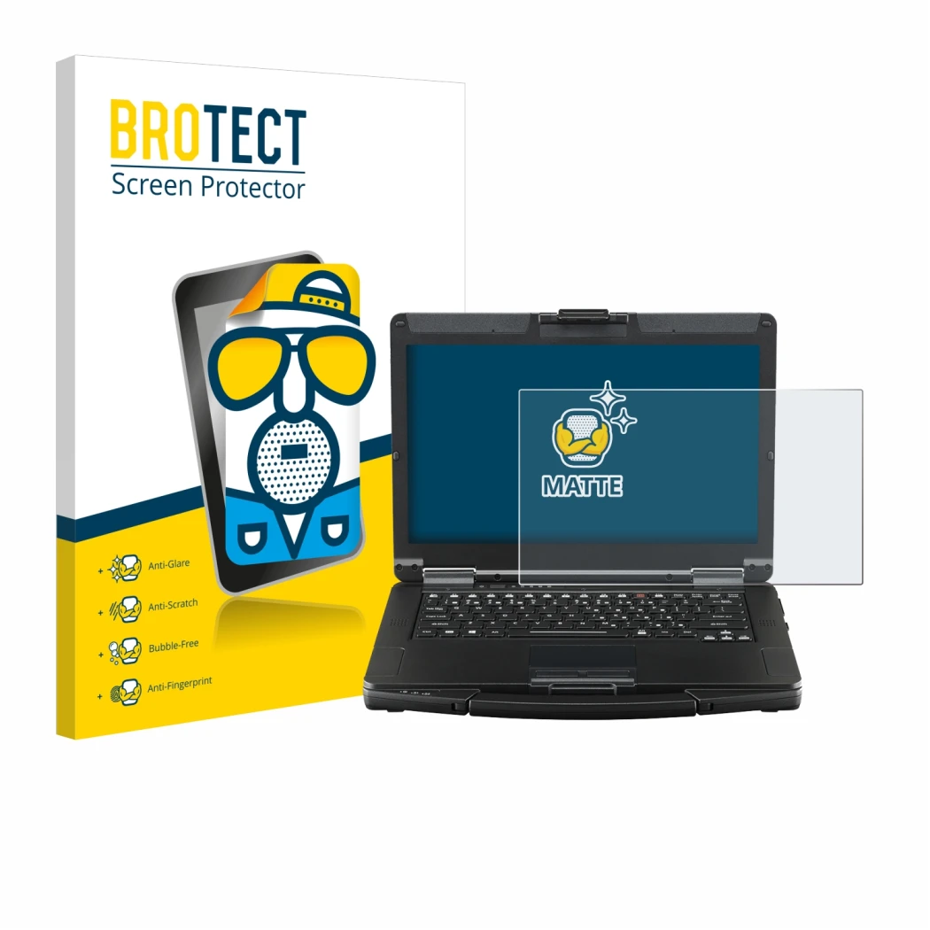 Face avant d’un emballage produit avec le logo de la marque BROTECT. À côté, l’appareil Panasonic Toughbook FZ-55 Touch est re