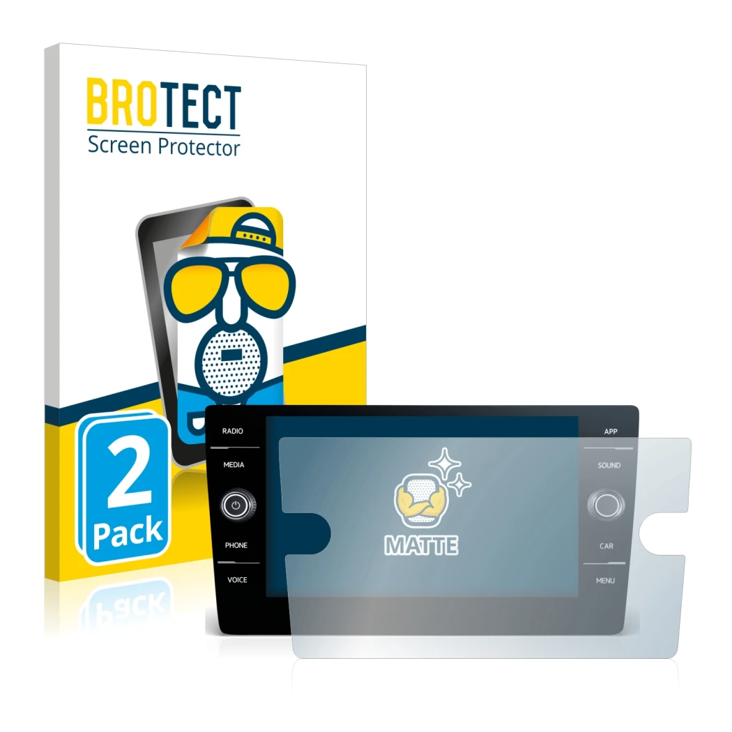 Face avant d’un emballage produit avec le logo de la marque BROTECT. À côté, l’appareil Volkswagen Golf GTI 2017 Discover Medi
