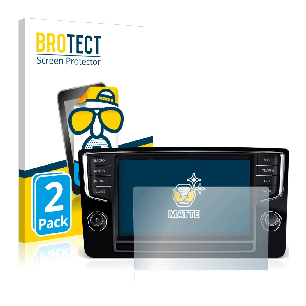 Face avant d’un emballage produit avec le logo de la marque BROTECT. À côté, l’appareil Volkswagen Golf Sportsvan 2015 Discove