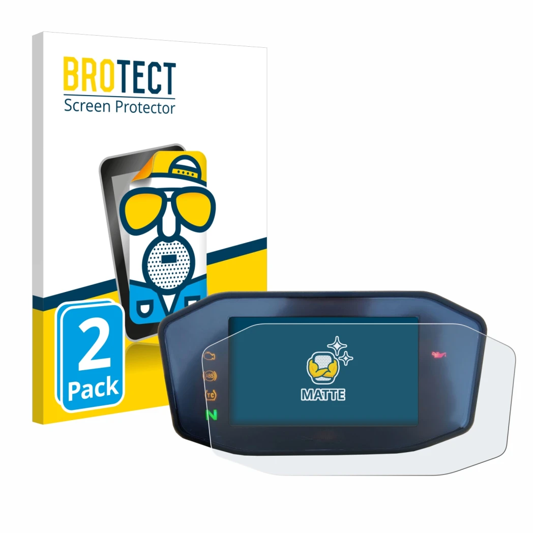 Face avant d’un emballage produit avec le logo de la marque BROTECT. À côté, l’appareil KTM 890 Duke R 2020 TFT Screen est rep