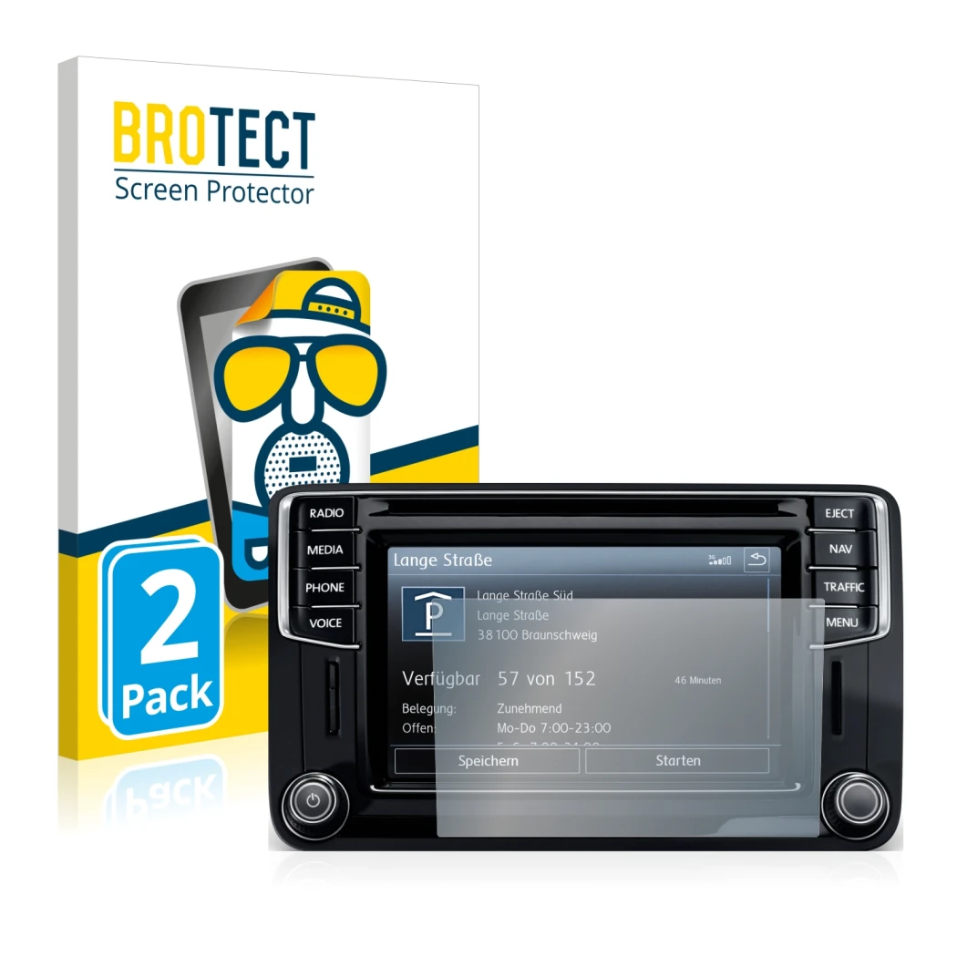 Face avant d’un emballage produit avec le logo de la marque BROTECT. À côté, l’appareil Volkswagen Caddy 2015 Discover Media 6