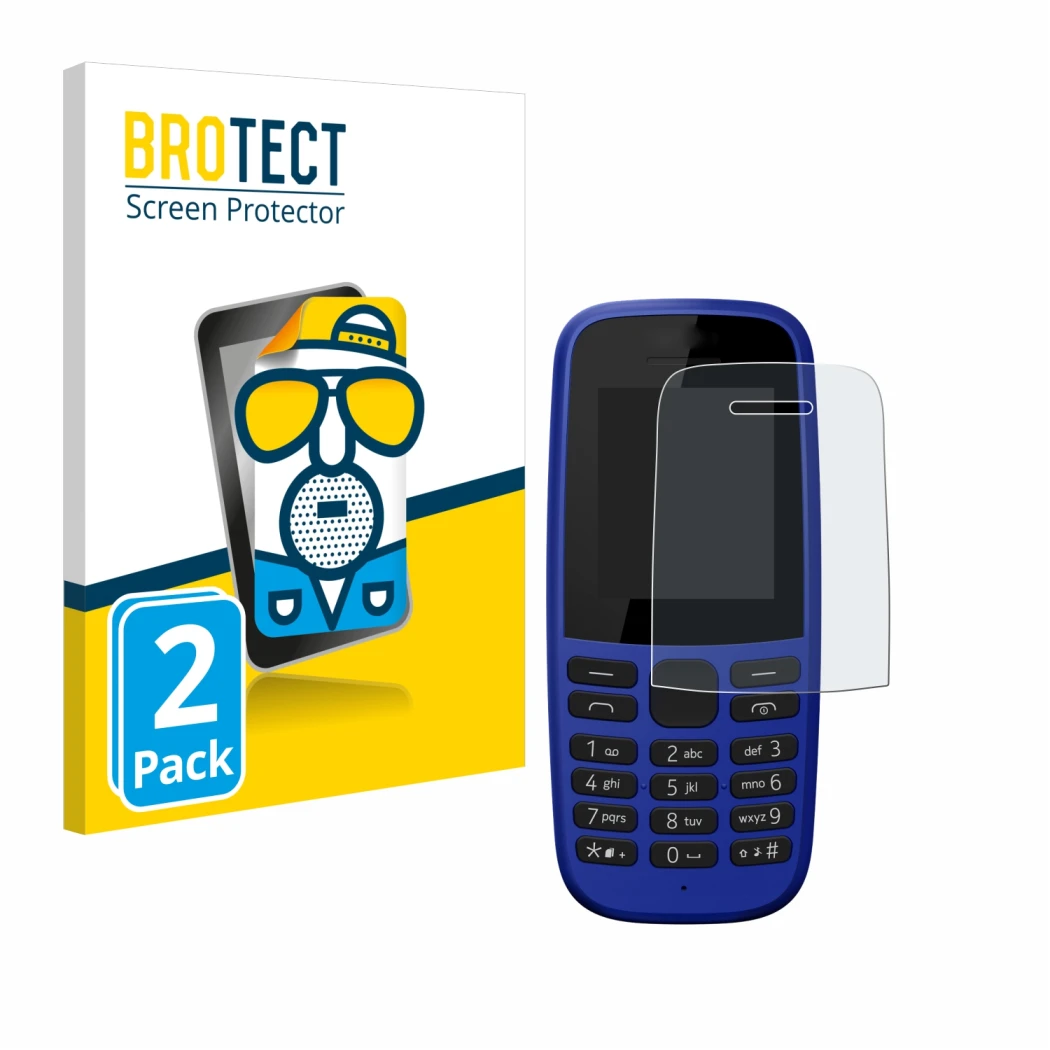 Face avant d’un emballage produit avec le logo de la marque BROTECT. À côté, l’appareil Nokia 105 DS 2019 est représenté avec 