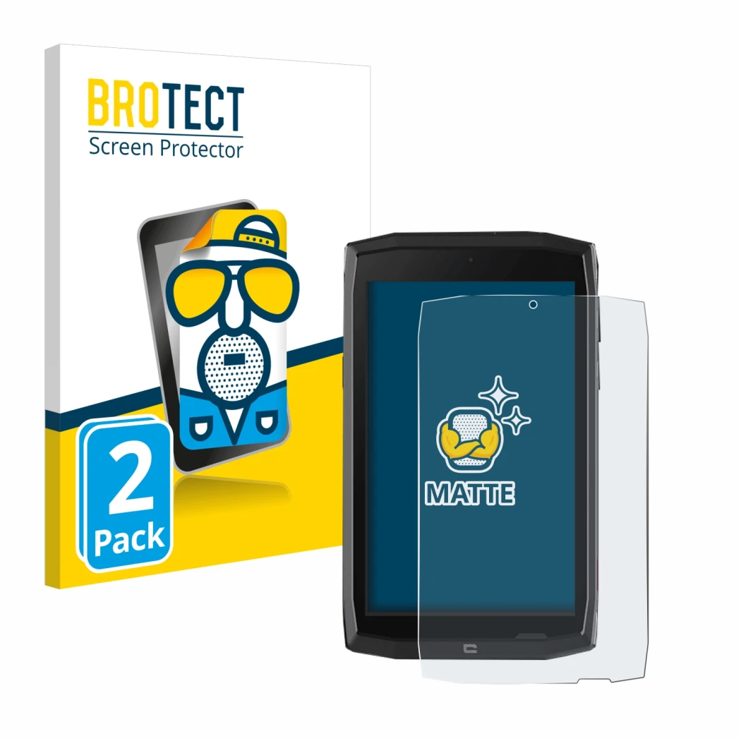 Face avant d’un emballage produit avec le logo de la marque BROTECT. À côté, l’appareil Crosscall Core T4 est représenté avec 