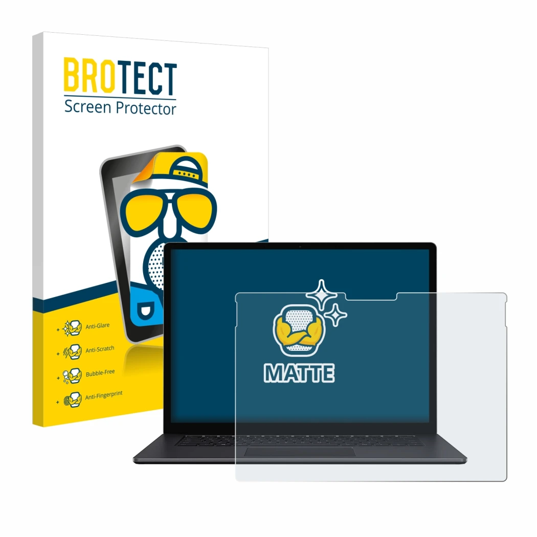 Face avant d’un emballage produit avec le logo de la marque BROTECT. À côté, l’appareil Microsoft Surface Book 3 15