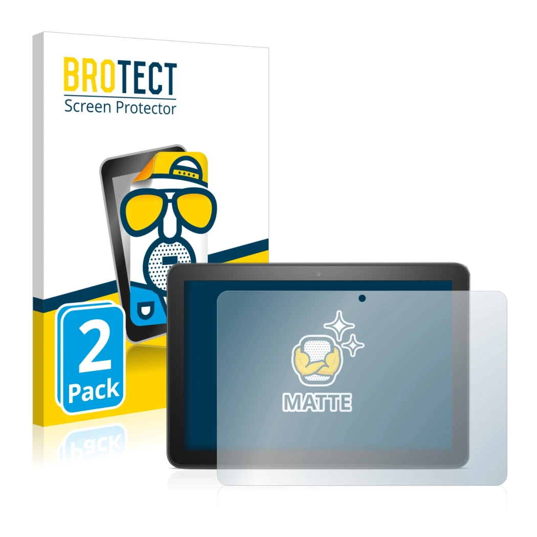 Face avant d’un emballage produit avec le logo de la marque BROTECT. À côté, l’appareil Amazon Fire HD 8 Plus 2020 (10ème Gen.