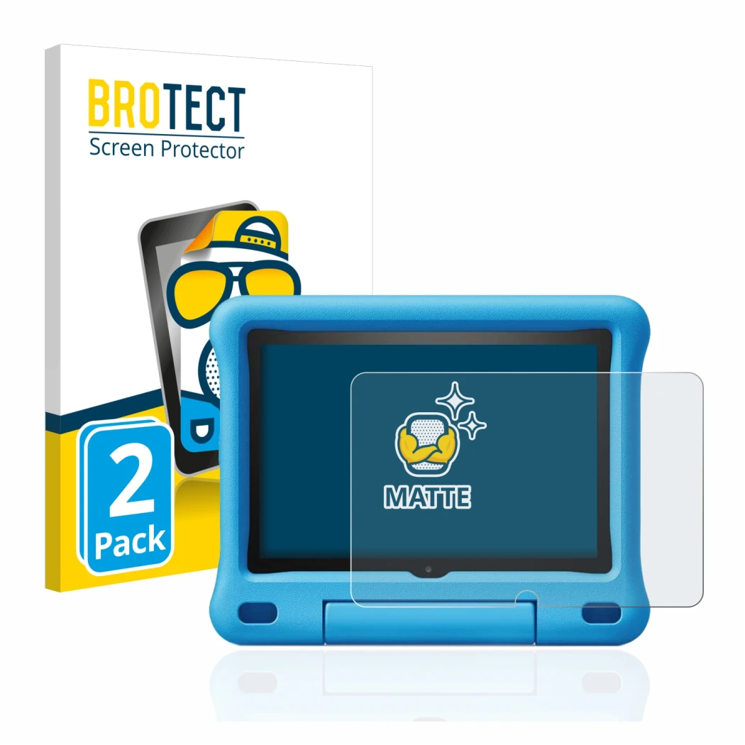 Face avant d’un emballage produit avec le logo de la marque BROTECT. À côté, l’appareil Amazon Fire HD 8 Kids Edition 2020 (10