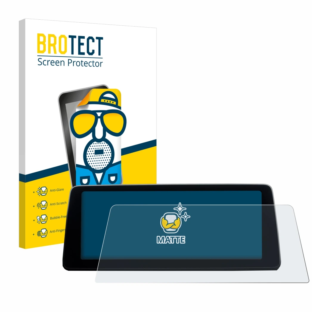 Face avant d’un emballage produit avec le logo de la marque BROTECT. À côté, l’appareil BMW 7 G11 2016-2018 Infotainment Syste