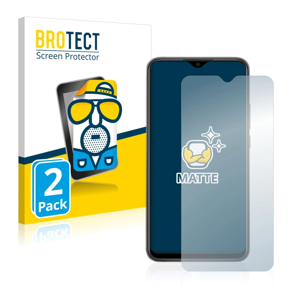 Face avant d’un emballage produit avec le logo de la marque BROTECT. À côté, l’appareil Xiaomi Redmi 9 est représenté avec la