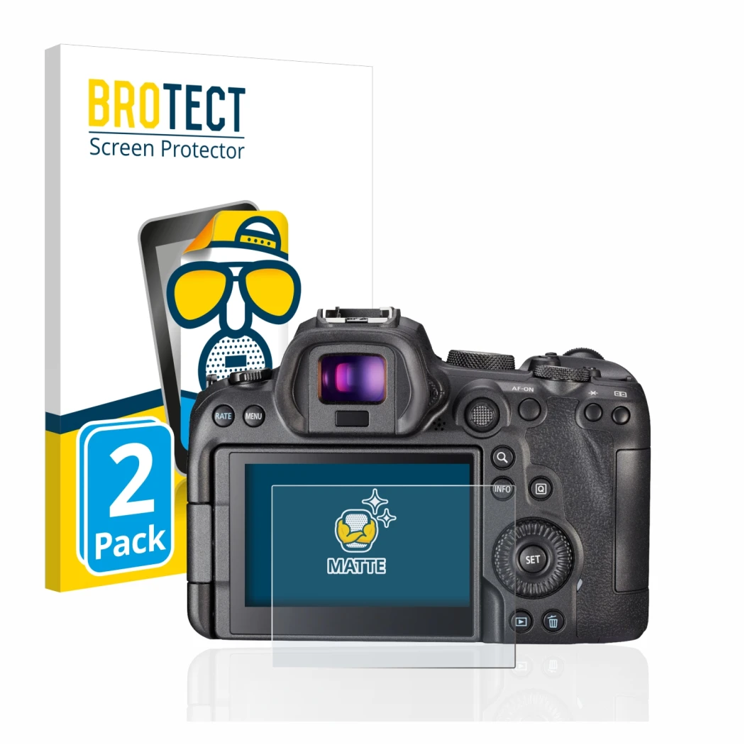 Face avant d’un emballage produit avec le logo de la marque BROTECT. À côté, l’appareil Canon EOS R6 est représenté avec la pr