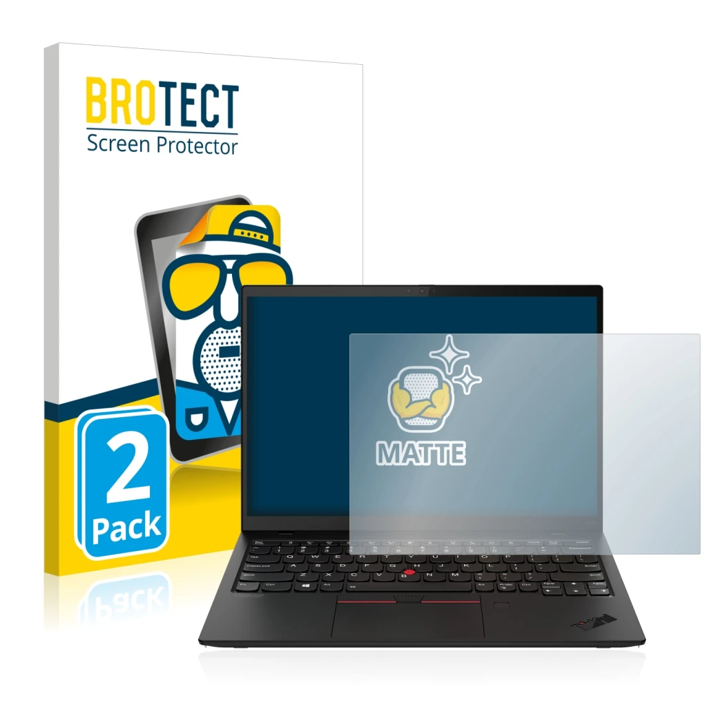 Face avant d’un emballage produit avec le logo de la marque BROTECT. À côté, l’appareil Lenovo ThinkPad X1 Nano est représenté